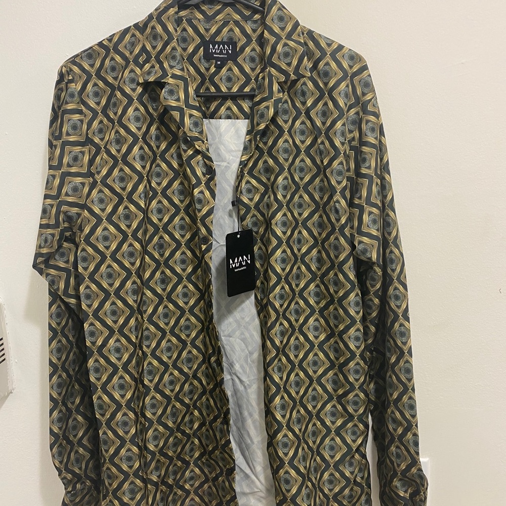 Baroque Print Long Sleeve Revere Shirt Black